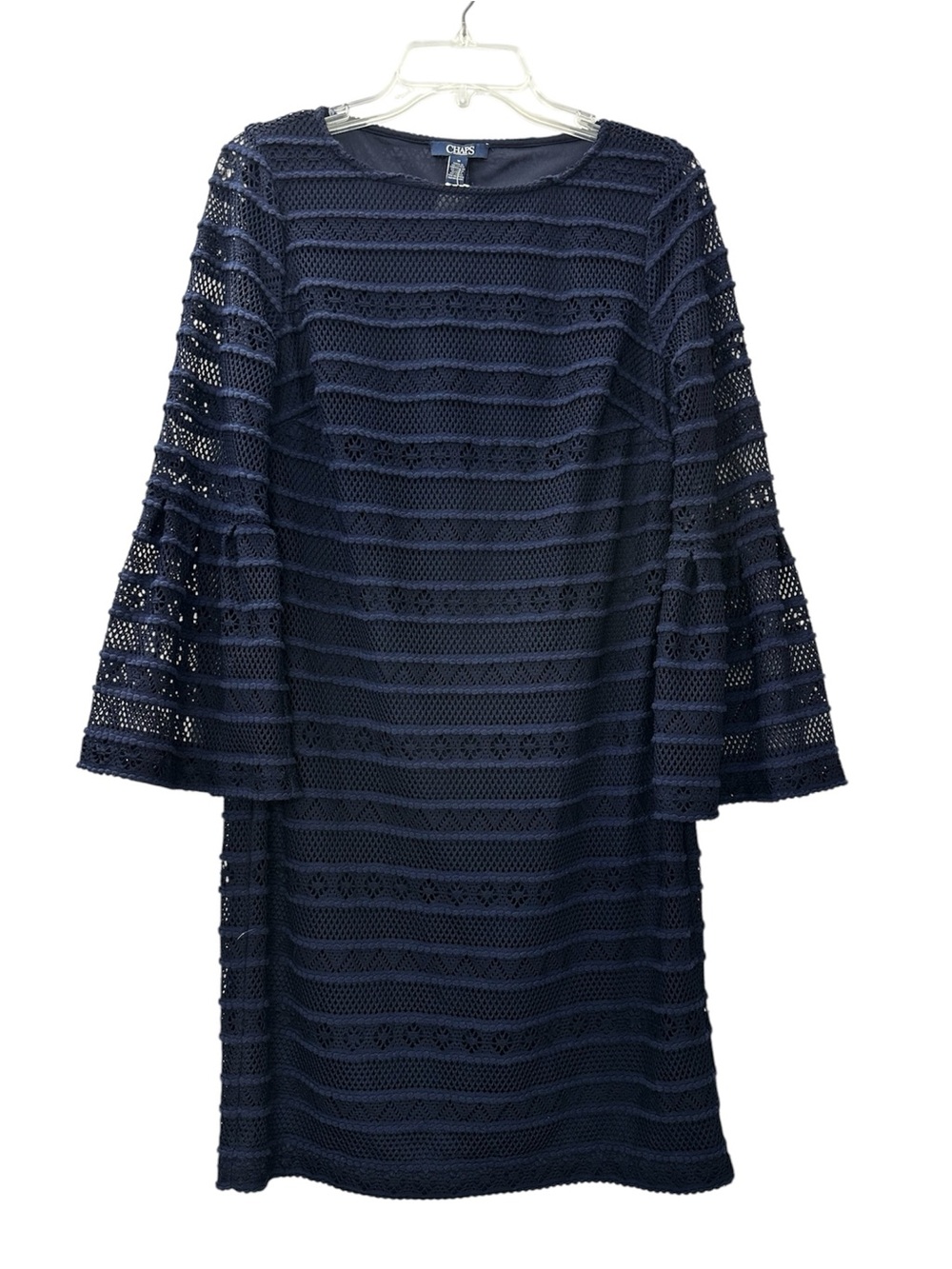 NWT Chaps Dress Navy Blue Crochet Lace Bell Sleeves Shift Women’s Size 10